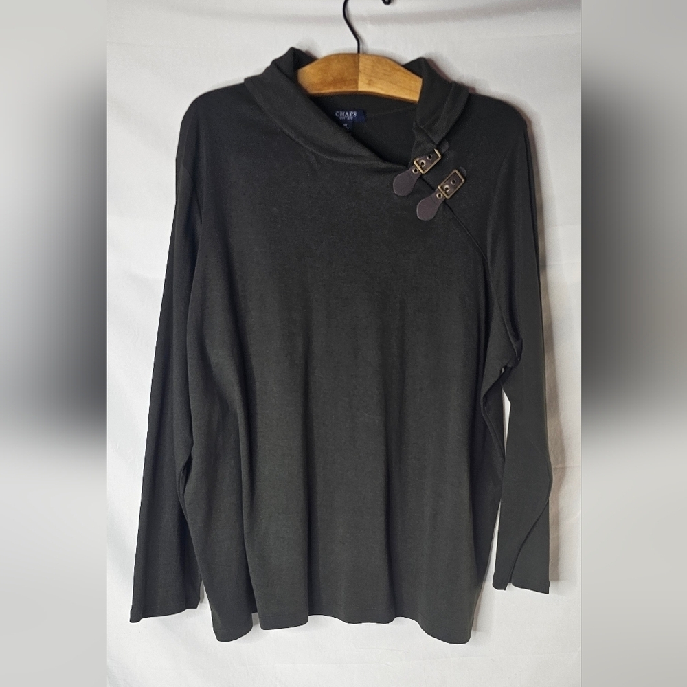 ​Chaps 3XL Women's Brown Asymmetrical Cowl Neck Sweater Double Buckle Plus Size